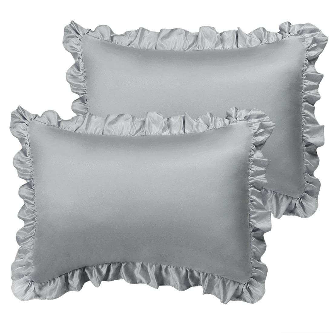 sourcing map Luxury Satin Oxford Pillowcases, Pair of 2 Silver Ruffled Pillow Shams 20 x 26 inch with Envelope Closure, Standard Size Pillow Cases Covers