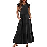 HOSIKA Girls Summer Casual Ruffle Short Sleeve Crewneck Aline Flowy Tiered Beach Maxi Sundress with Pockets for 6-12 Y
