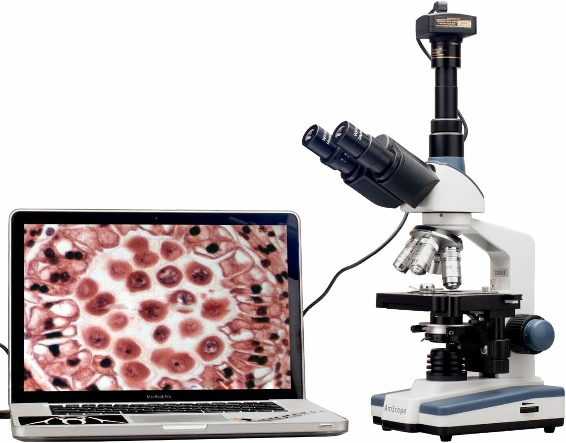 AmScope - 2000X LED Lab Trinocular Compound Microscope w 3D Mechanical Stage + 5MP Camera