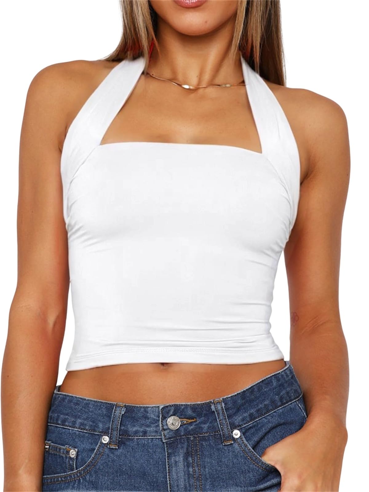 Photo 1 of ForeFair Women Halter Neck Backless Crop Top Sexy Y2K Sleeveless Tank Top Open Back Slim Fit Tops(M,White)