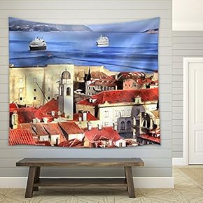 Colorful Painting of Cityscape of Dubrovnik - Fabric Wall Tapestry Home Decor - 51x60 inches