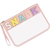 Iqimott Snack Bag Monogram Clear Letter Flat Pouch, Chenille Glitter Letter Patch Makeup Cosmetic Bag Zipper Toiletry Pouch, Portable Travel Beach Wristlet Bags for Women Girls(Snack, Pink)
