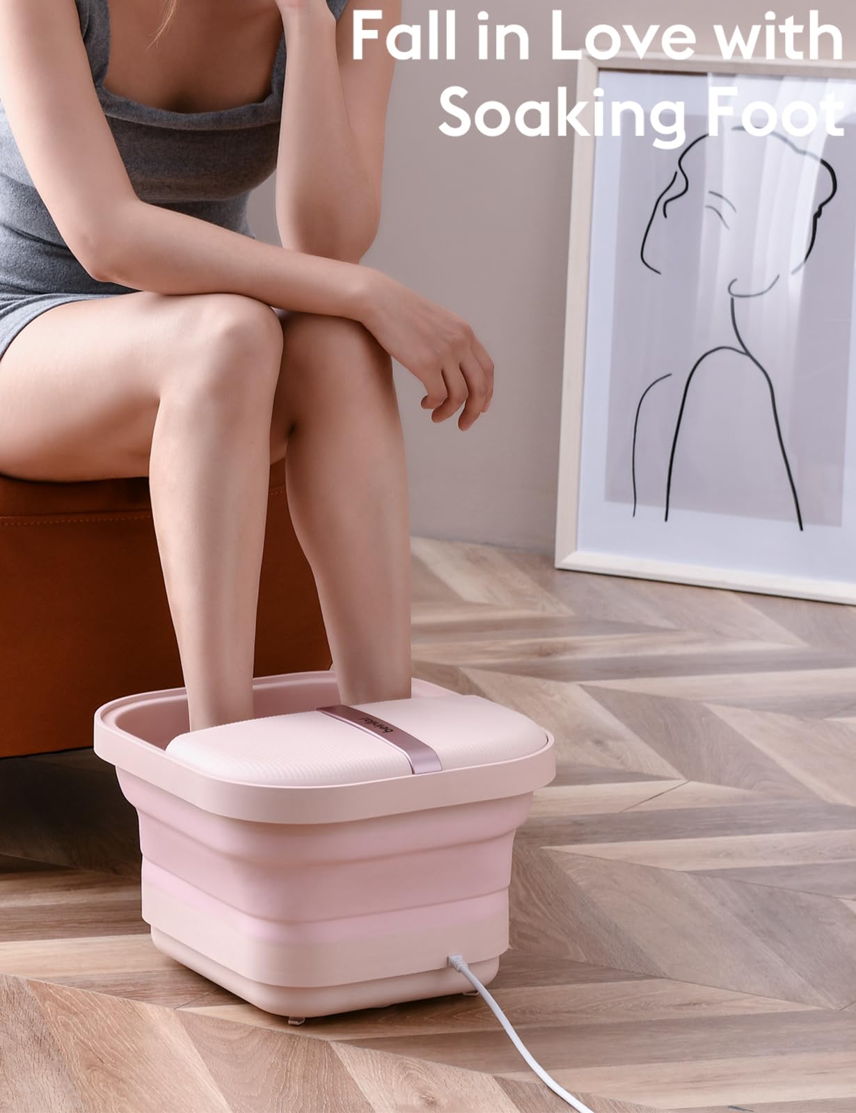 Beinilai Foot Bath Spa with Heat, Bubble Massage and Vibration,Collapsible Foot Soak Tub,2 Feet Rollers, Acupressure Massage Points, Red Light and Foot Scrubber, Pedicure Foot Spa for Women(Pink)
