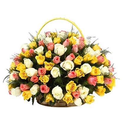 The FloralMart Special Handle Basket Arrangement of 50 Mixed Roses Fresh Flowers ||