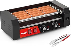 Awgpd Hot Dog Roller 5 Rollers 12 Hot Dogs Capacity, 750W Stainless Sausage Grill Cooker Machine with Dual Temp Control,Removable Drip Tray for Party Home Commercial (5 Roller)