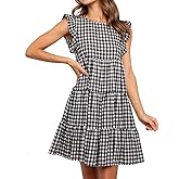 chouyatou Women's Summer Ruffle Puff Sleeve Babydoll Dress Cute Gingham Plaid Printed Tiered Midi Dress