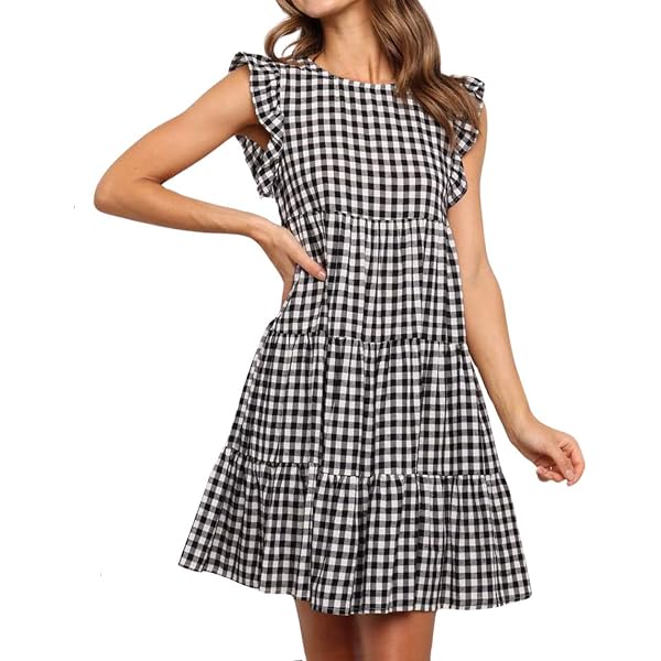 Floerns Women's Striped Short Sleeve Midi Dress - Tie Neck, Tiered Ruffle Hem, A-Line Boho Style