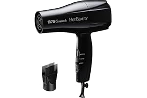 Hot Beauty 1875 Ceramic Hair Dryer, Powerful Fast Drying, Multi-Setting with Comb Attachment, Additional Detangler Included, Slide Bar Switch, Compact for Home & Travel (Black)