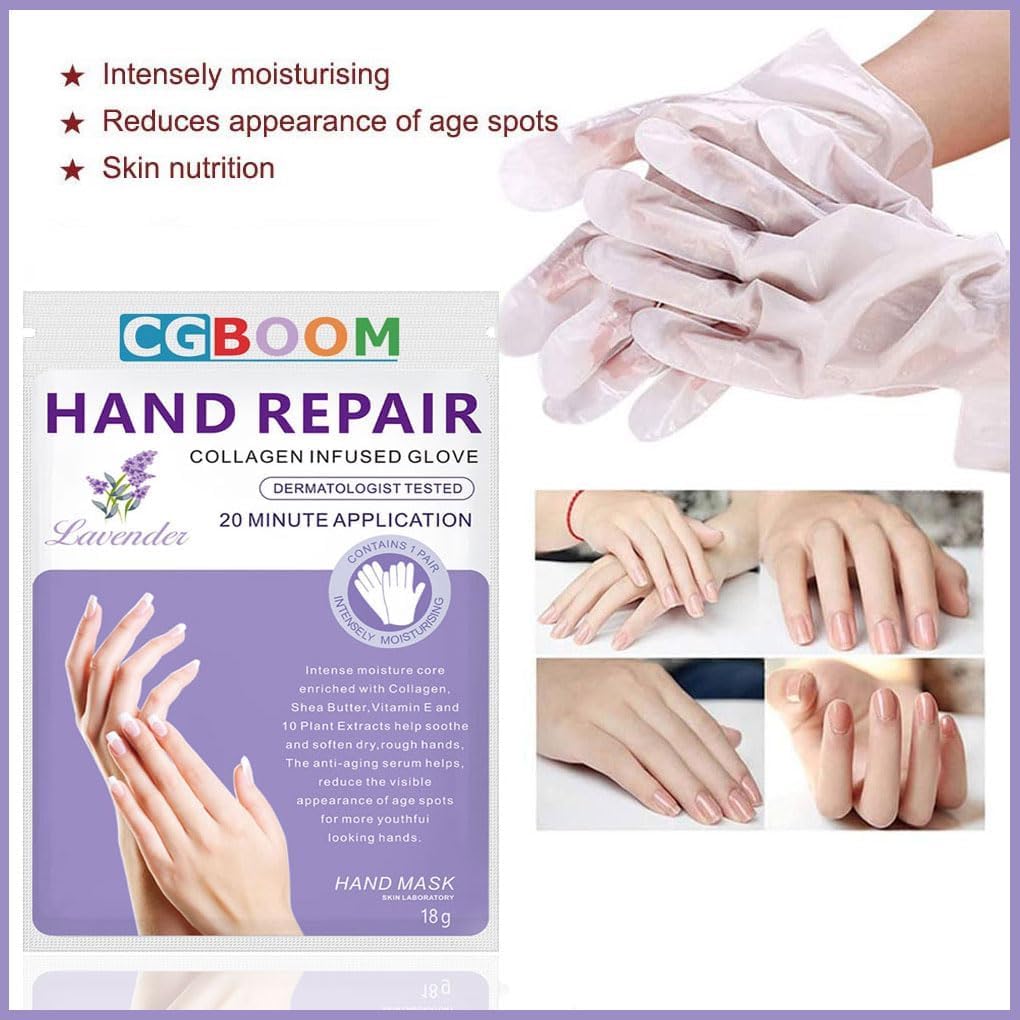CGBOOM 5 Pairs Hand Masks Moisturizing Gloves, Hand Skin Repair Renew Mask Infused Collagen, Vitamins + Natural Plant Extracts for Dry, Aging, Cracked Hands (Lavender)