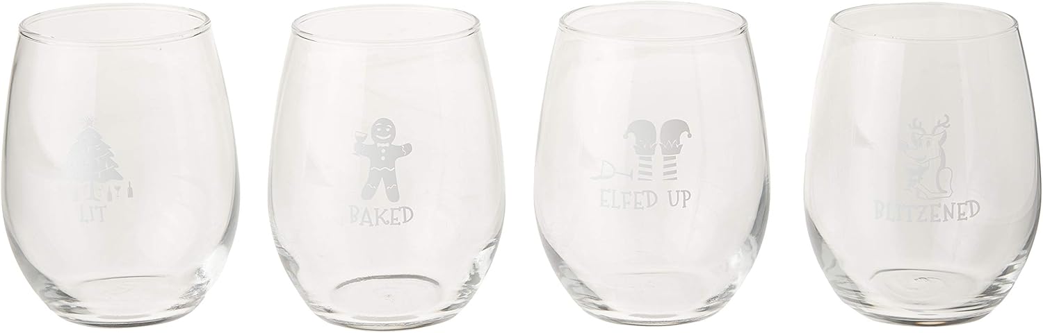 Drunk Christmas Funny Stemless Wine Glasses Set of 4 | Hilarious Christmas Themed Wine Glass for Holiday Party | 4 Designs | 15 oz Cheerful Party Cups & Gift Exchange Idea for White Elephant, Xmas