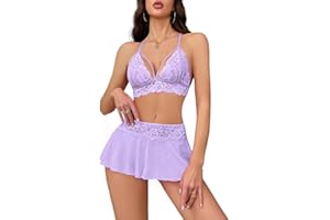 CRIPOM Sexy Lingerie for Women Naughty 3 Piece Lace Bralette, Mini Skirt with G-String Crotchless Lingerie Outfits