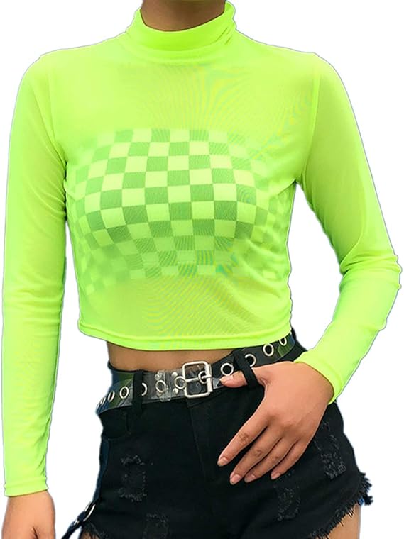 Amazon Reawake ネオングリーン シースルー ショート丈 ロングスリーブ トップス ストリート ファッション レディース L Tシャツ カットソー 通販