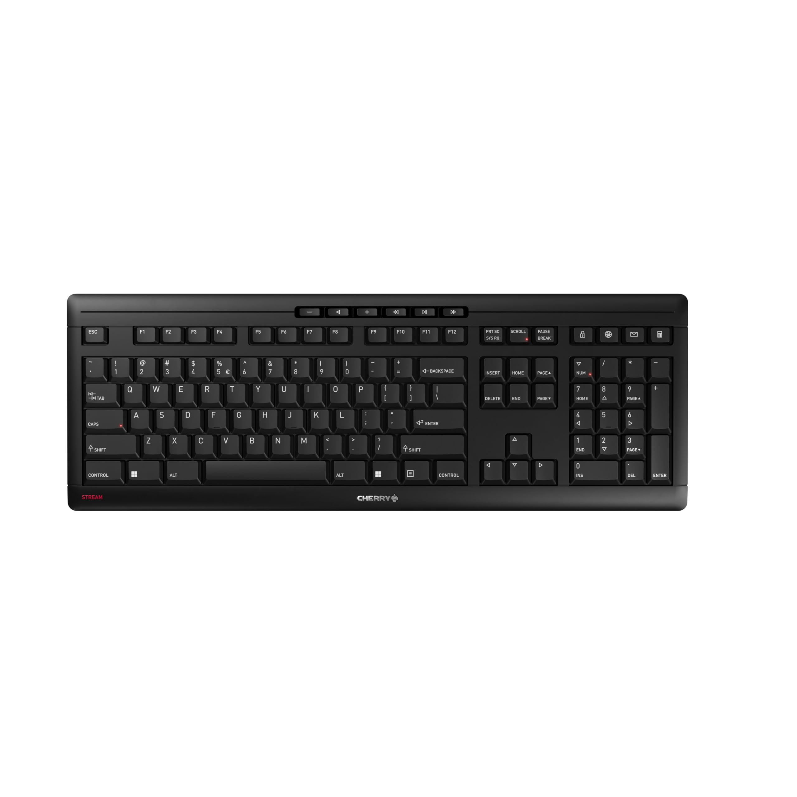 CHERRY STREAM KEYBOARD WIRELESS, Cordless Keyboard, EU Layout (QWERTY), 2.4 GHz RF, Quiet Keys, Flat Design, Battery-Operated, Black