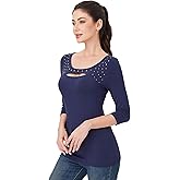 AmélieBoutik Women Cutout Front Top 3/4 Sleeve Studded Scoop Neck Slim Fit T-Shirts