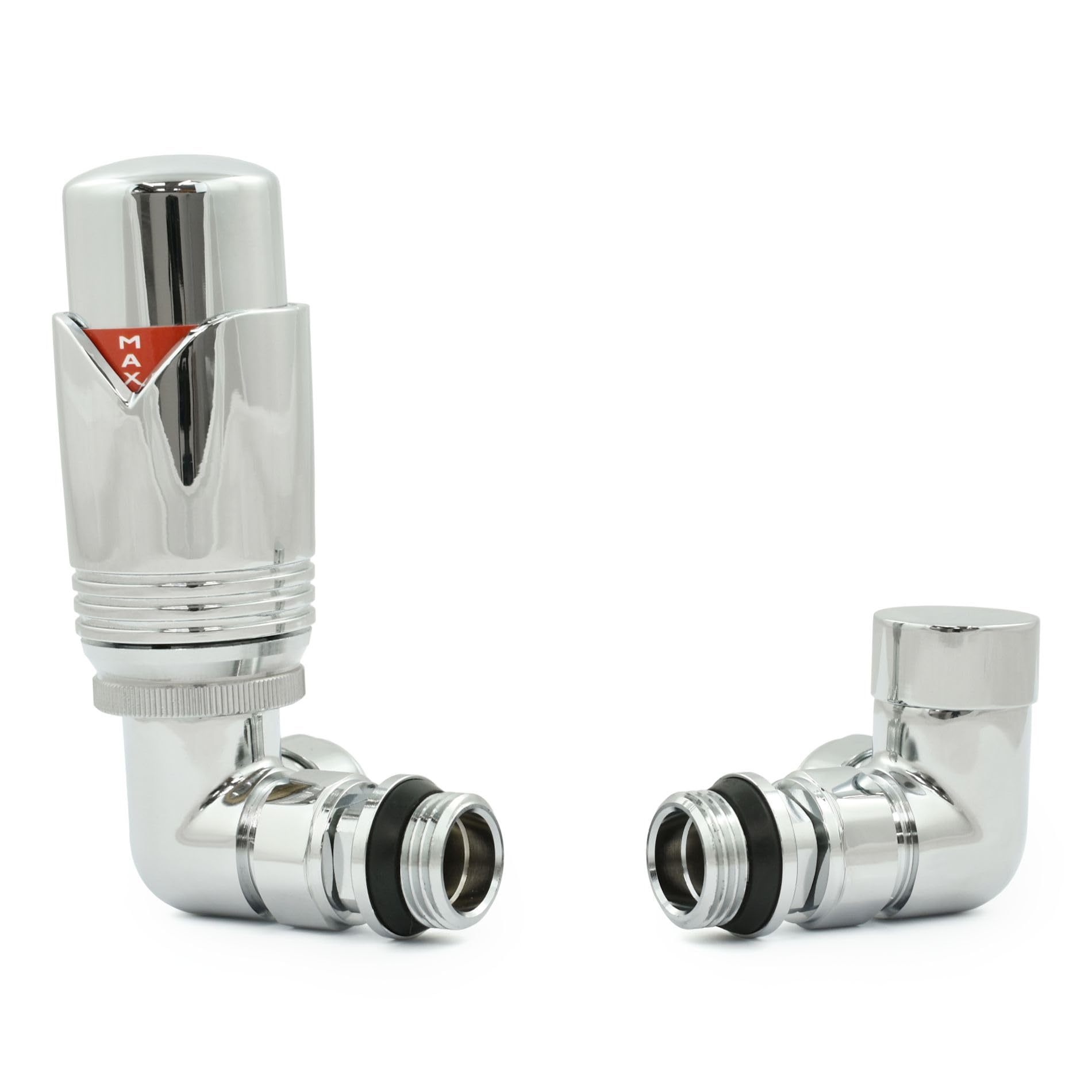 Hot Flow Chrome Marella 3 Modern Thermostatic Radiator Valve Corner TRV. Includes Corner TRV Body, Wheel Head & Lock Shield for Quick & Easy Temperature Control.