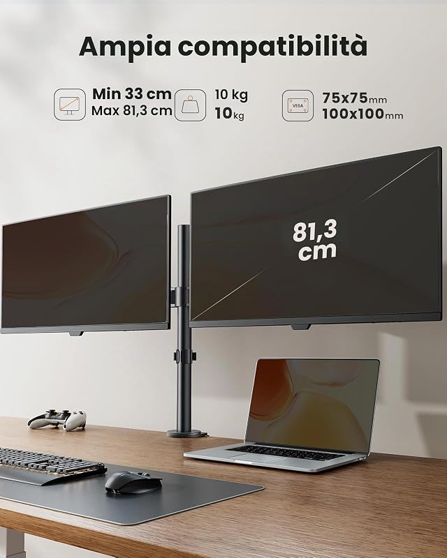 Supporto per doppio monitor, resistente, regolabile, per 2 schermi fino a 32 pollici, completamente regolabile in altezza, inclinabile, girevole, supporta 8 kg per braccio monitor, facile