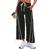 Fisoew Womens Baggy Wide Leg Pants Casual Elastic Waist Drawstring Hiking Workout Cropped Track Pants with Pockets