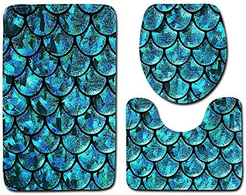 Toilet mats Set Fiaya 3Pcs /4PCS Fish Scale 3D Multicolor Polyester Bathroom Set Rug Contour Mat+Toilet Lid Cover +Plan Solid Color Bath Mats +Shower Curtain (3PCS, Blue A01)