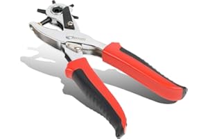 DNA Motoring TOOLS-00126 Revolving Leather Hole Punch Tool, Six Hollow Bell Punches Coated Steel Perfect for Belts or Leather Material, 2mm-5mm, 1 Hole Punch, Red/Black