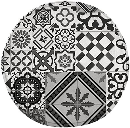 Monbeautapis Tapis Rond Motifs Carreaux De Ciment Noir Gris Diam 70cm Toodoo Polyester Extra Doux