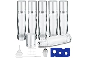 GIVITASOT 10ML Essential Oil Roller Bottles, 6 Pack Clear Oil Roller Bottles for Essential Oils, Roll on Bottles with Stainless Steel Balls(1 Extra Roller Balls, 6 Labels, Opener, Funnel, Dropper Included)