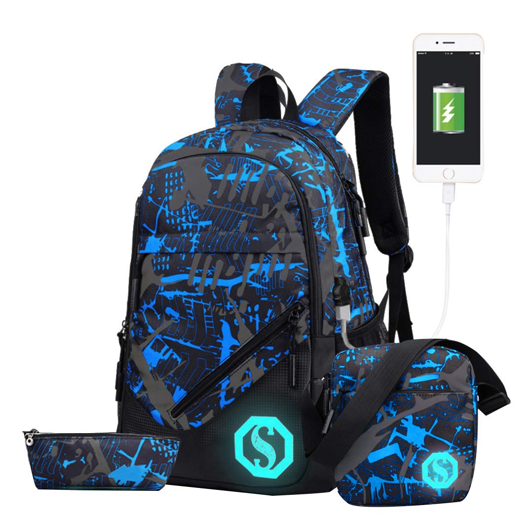 SellerFun Teenage Boy Girl Unisex Multifunctional School Bag Backpack with Florescent Mark(20L, USB ColorG 3 Sets)