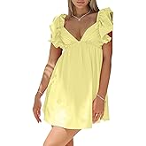 hibshaby Womens Sexy Deep V Neck Ruffle Sleeve Mini Dress Backless Lace Up Summer Dresses