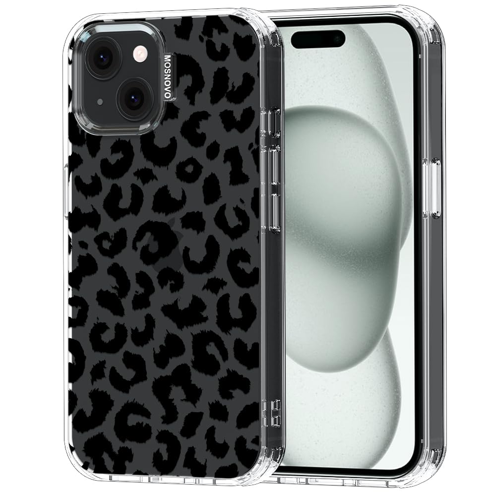 MOSNOVO Case for iPhone 15 Plus / 14 Plus [Buffertech 6.6ft Military-Grade Drop Protection] [Anti Peel Off Tech] Clear TPU Bumper Phone Case - Black Leopard Print