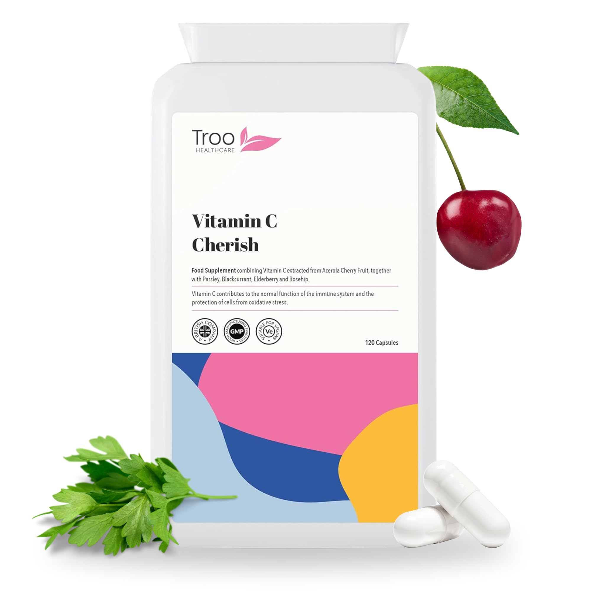 Troo Health Care Vitamin C Cherish 120 Capsules - Natural Food Vitamin C Immune Support & Fatigue Reduction Supplement Containing Acerola Cherry and Elderberry - UK Manufactured