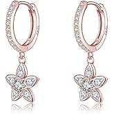 Reffeer Solid 925 Sterling Silver CZ Flower Earrings Dangle for Women Teen Girls Flower Drop Hoop Earrings Huggie