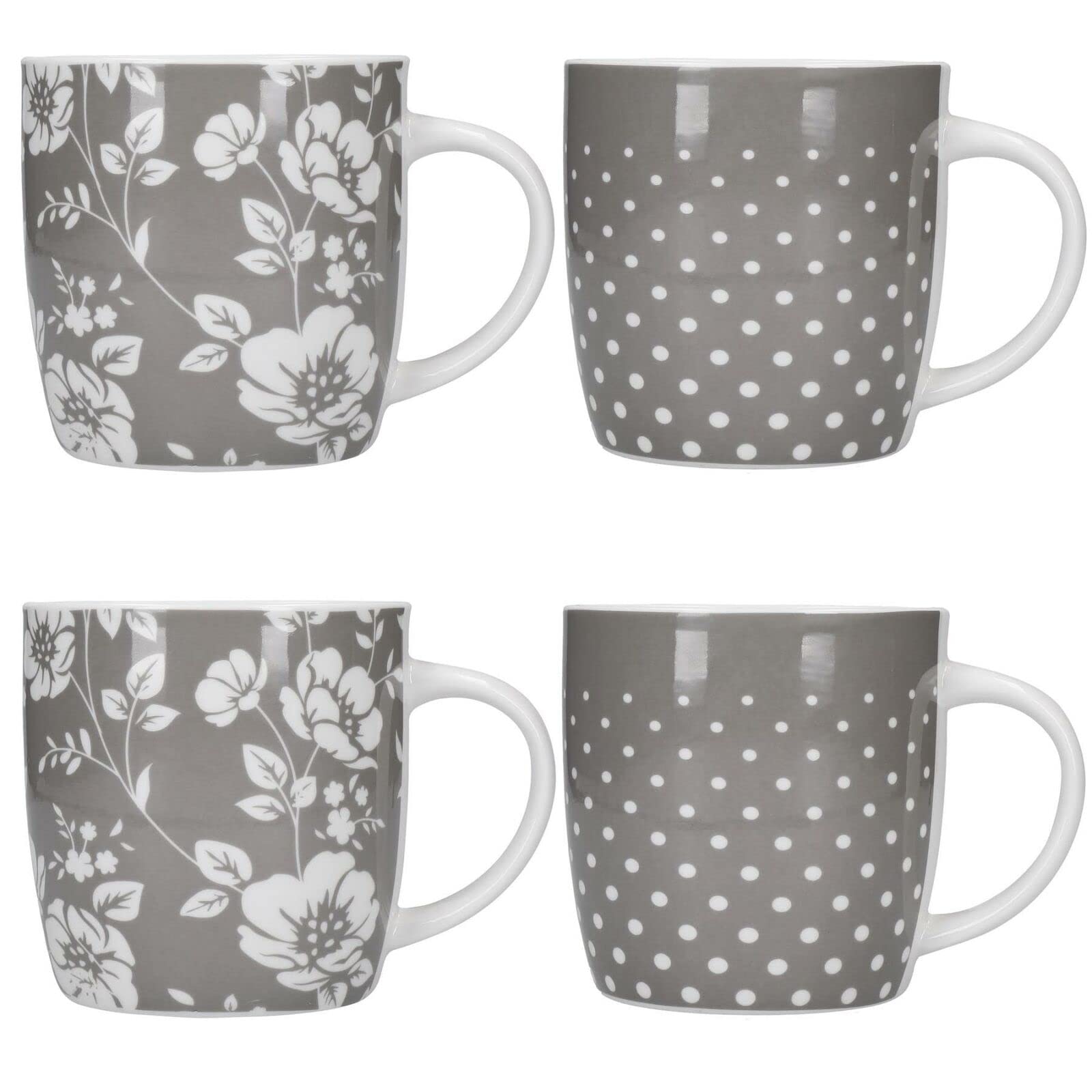 KitchenCraft Grey Flower & Spots Set of 4 Stoneware, Polka Dots, Barrel Coffee Mugs 425ml