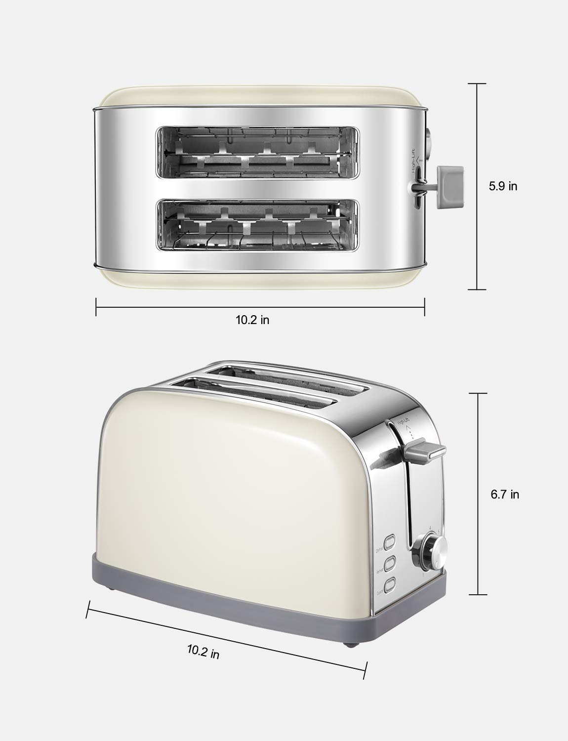 Yabano Retro Bagel Toaster - 2 Slice, 2 Extra Wide Slots, 7 Shade Settings, Defrost/Bagel/Cancel, Removable Crumb Tray, Stainless Steel, Silver