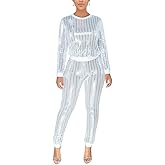 EOSIEDUR Womens 2 Piece Outfits & Sexy Silver Glitter Sequins & Metallic Shiny Top and Pants Set