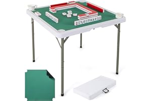 GYMAX Mahjong Table Foldable with Mahjong Mat, 4-Player Square Domino Table w/Cup Holders & Carrying Handle, Anti Slip Noise Reduction for Mahjong, Poker, Card Board Games (Pure Green)