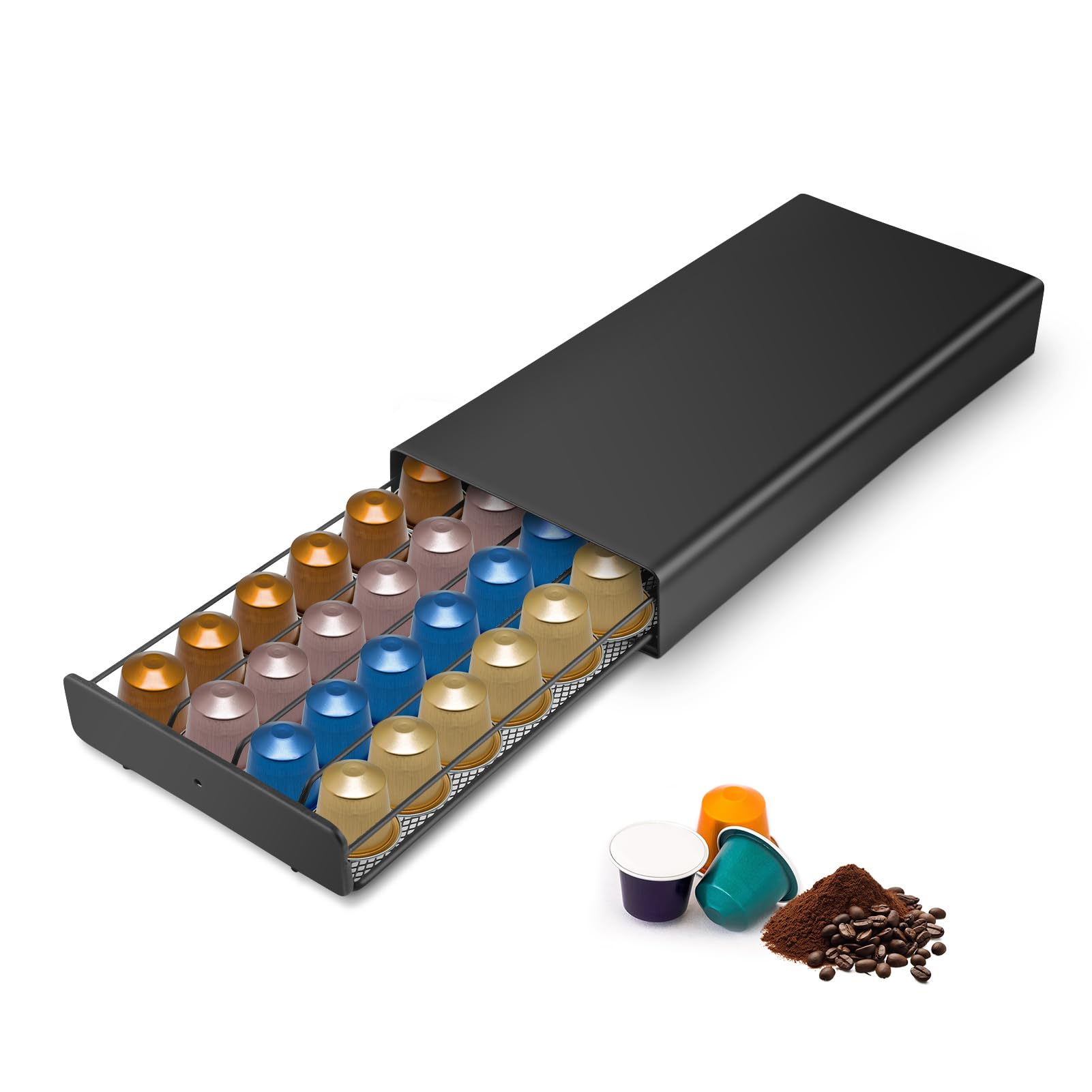 Coffee Capsule Storage Drawer, Metal Organiser Box for 40 Pods, Black, 37.5 x 17.5 x 5.3 cm