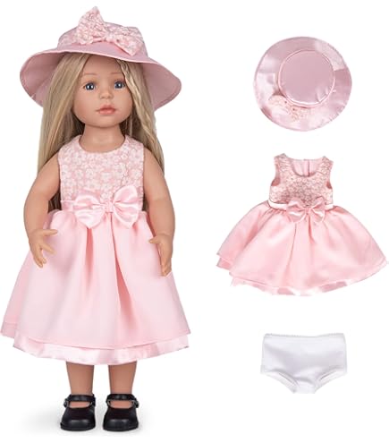Rakki Dolli 18-Inch Doll Clothes Set - 4 Piece Pink Flower Snow Outfit With Jacket, Hat, Scarf & Jeans