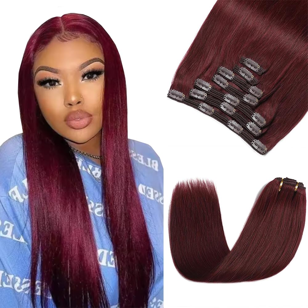 Photo 1 of 20 Inch #99J Red Clip in Hair Extensions - Real Remy Human Hair, 120g 7pcs, Burgundy Human Hair Extensions Clip ins for Women