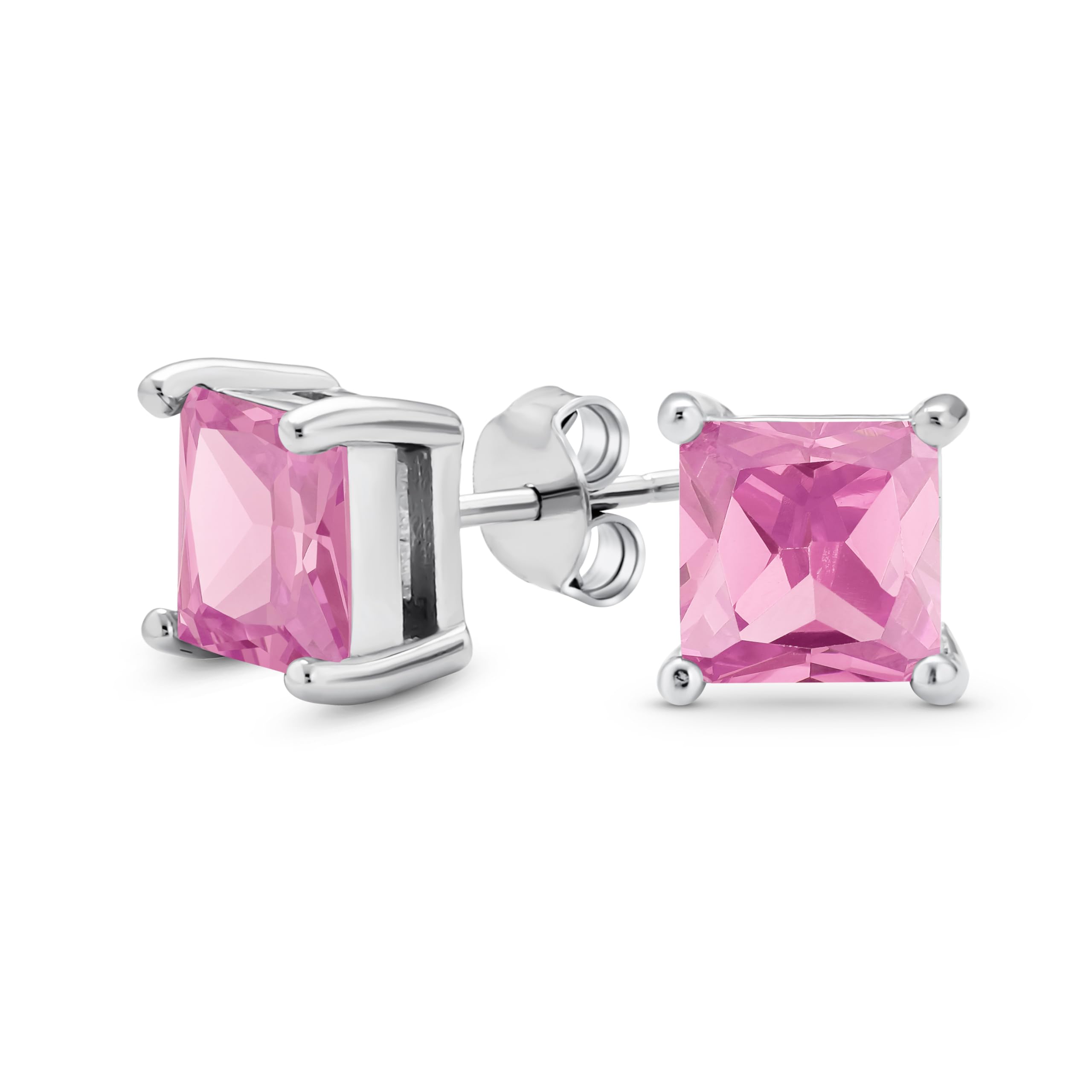 Pink Princess Brilliant Cut Cubic Zirconia Square CZ Stud Earrings For Women .925 Sterling Silver 7MM — image 1