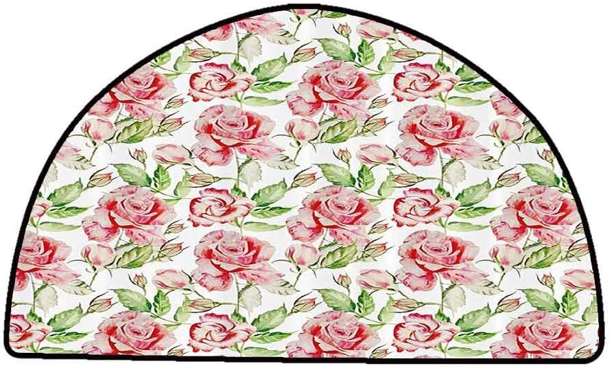 Non-Slip Bath Hotel Mats Floral,Watercolor Rose Flower Petals Leaves Romantic Fragrance Beauty Artwork,Fern Green Light Pink,W47 x L31 Half Round Rugs for Sale