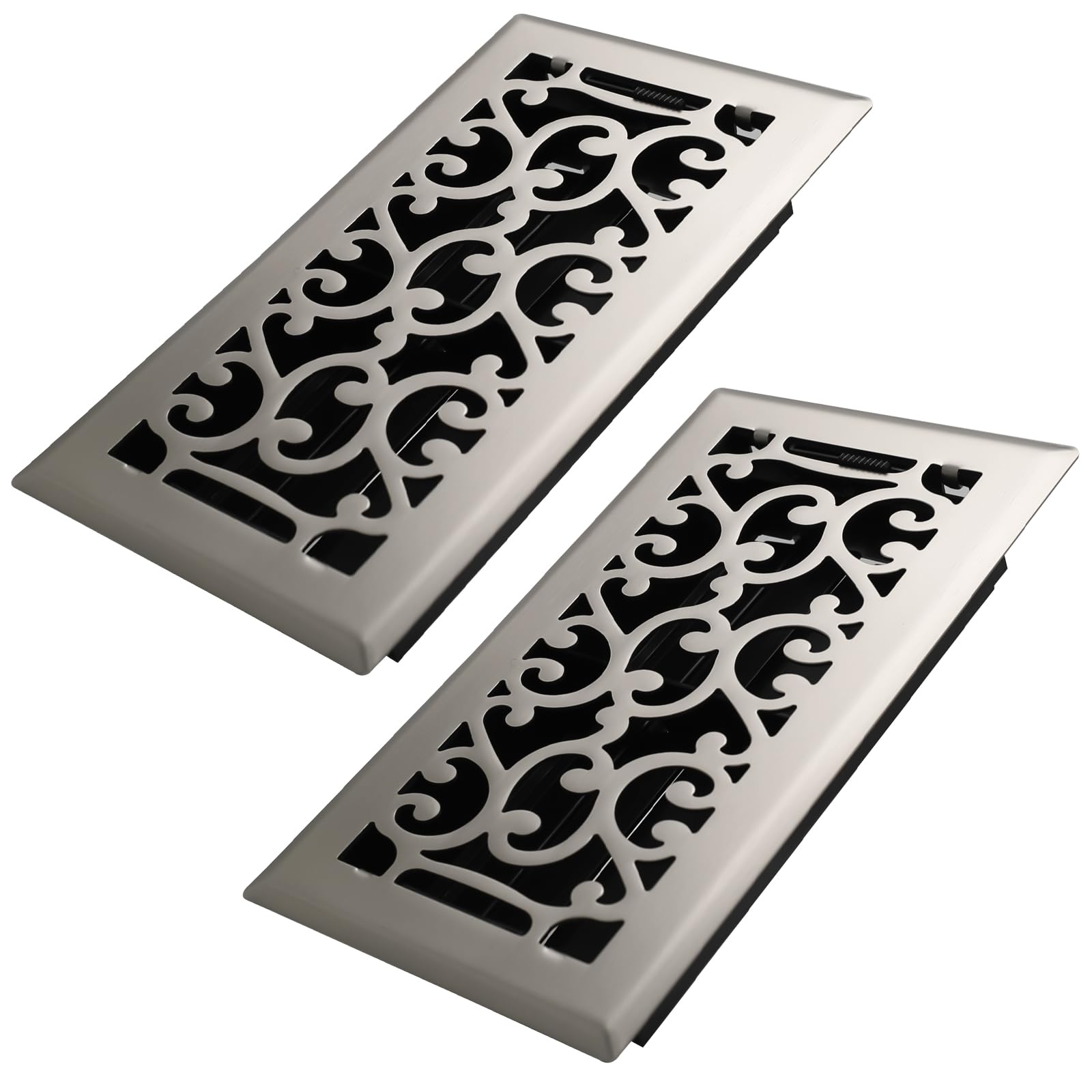Howeall 4x8 Inches 2 Pack Heavy Duty Walkable Floor Register - Easy Adjust Air Supply Lever Decorative Floor Vent Covers, Savannah Design Vent Covers for Home - Satin Nickel Image