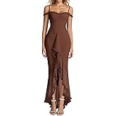 KUTUMAI Women Ruffle Bodycon Maxi Dress Ruched Long Formal Cocktail Wedding Guest Dresses