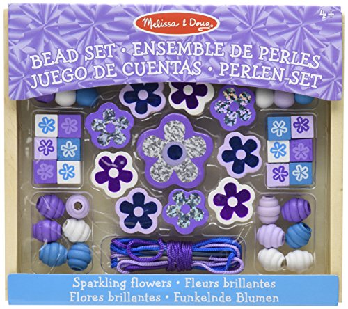 Melissa & Doug Sparkling Flowers Wooden Bead Set: 45+ Beads and 3 Lacing Strings