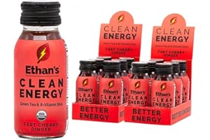 Ethan's Organic Clean Energy Shots Tart Cherry Ginger, Sugar Free Natural Pre-Workout Focus Boost, Gluten Free, Vegan, B6 & B12 Vitamin C with Green Tea Extract and Guayusa (12 Pack of 2oz Shots)