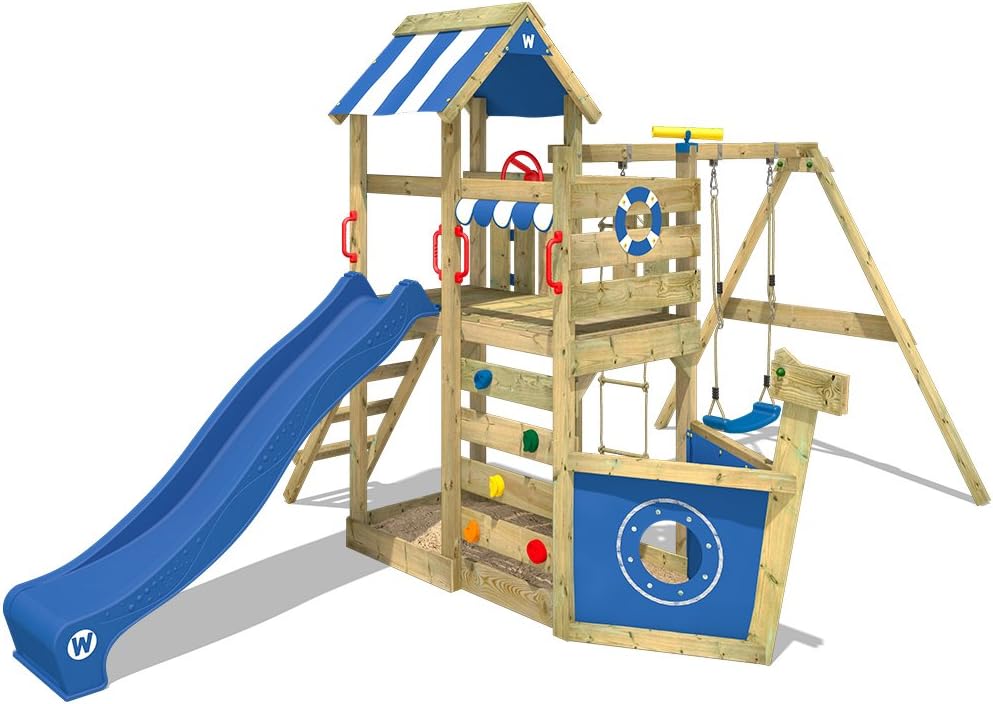 WICKEY Parque infantil de madera SeaFlyer con columpio y tobogán azul, Casa de juegos de jardín con arenero y escalera para niños