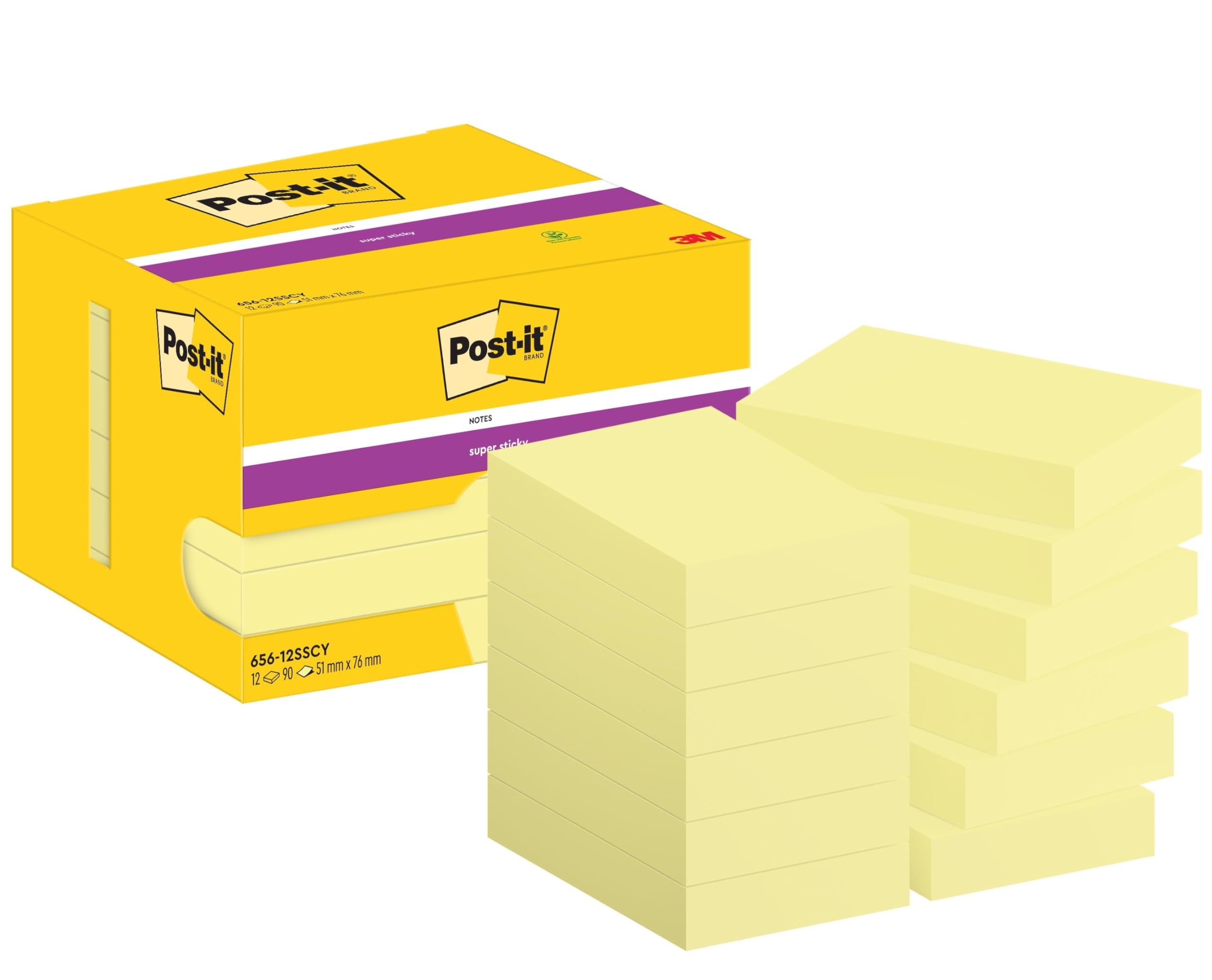 Post-it Super Sticky Notes, 1080 Sheets, Value Pack of 12 Pads, 47.6 mm x 73 mm - Holds Strong to Many Surfaces - Canary Yellow - for Walls, Monitors and Fridge, Recycable