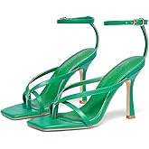 Elisabet Tang Womens Square Toe Heeled Sandals,4.3 inch Square Toe Thong Strappy Ankle Strap Stiletto Heel Sandals Wedding Dress Party Shoes