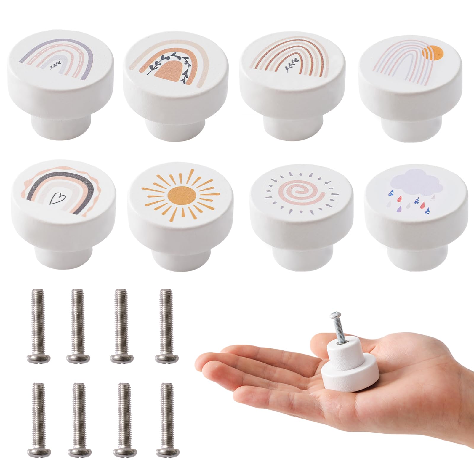 OESSUF 8PCS Wooden Cabinet Knobs with Screws, 35mm Round Furniture Pull Handle for Kids Room, White Wooden Handles for Cabinets for Children's Room — image 1