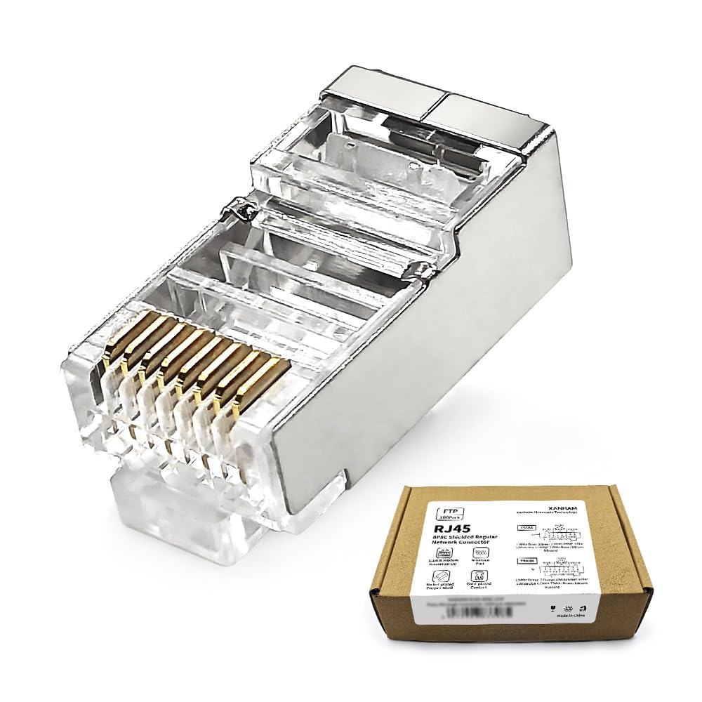 Photo 1 of XANHAM 100 Pack Cat 6 RJ45 Shielded Connectors Regular Modular Crimp Network Plug for 23AWG Cat6, Cat5, Cat5e SFTP and FTP Solid or Stranded Ethernet Cable