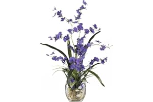 Nearly Natural 19IN Artificial Dancing Lady Orchid Flower Arrangement in Glass Vase with River Rock and Liquid Illusions Fake Water, Faux Flower Arrangement for Dining Table Center Piece or Home Décor