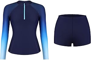 ATTRACO Women's Two Piece Rash Guard UPF 50+ Long Sleeve Bathing Suit Built-in Bra Zipper Front Swim Shirts